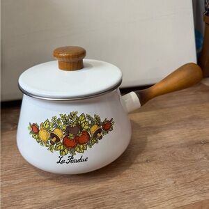 Vintage White Fondue Pot with Floral Design and Wooden Handle